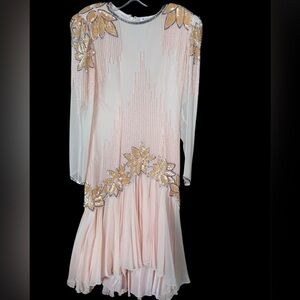 Women's Oleg Cassini Black Tie pink beaded 
long-sleeved party dress size 10.